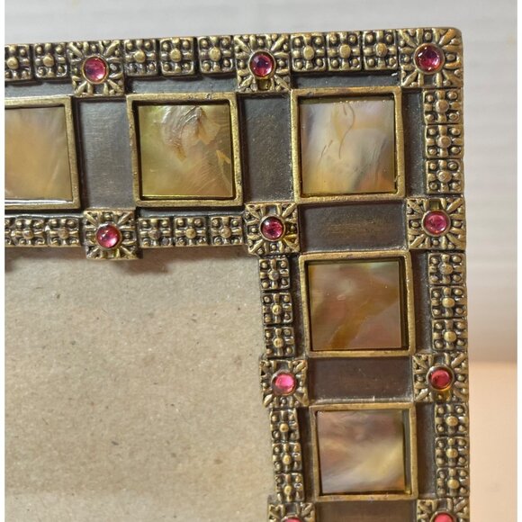 Antique-Style Gold Metal & Mother of Pearl Picture Frame with Pink Gem Accents 6 - Picture 4 of 9
